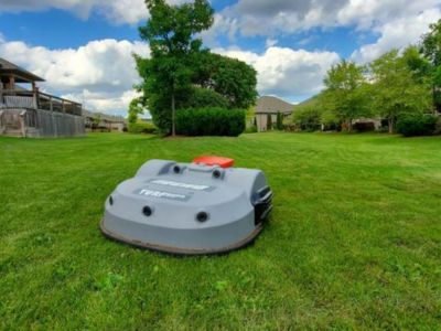 An Echo Robotics Lawnmower in a freshly cut lawn