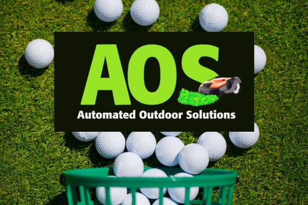 AOS logo with a basket of spilled golf balls on grass