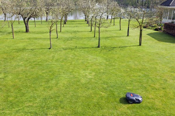 An automower mows on a large property