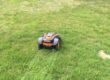 Robotic lawn mower on a nicely cut lawn