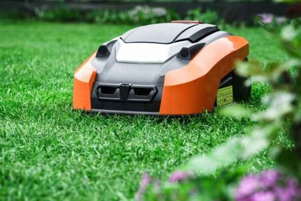 A self mowing mower trimming grass.