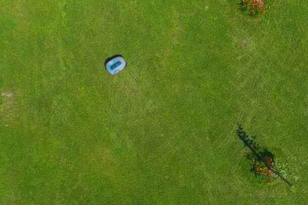 A commercial robot mower cutting grass in a large field.