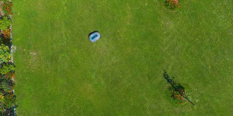 Commercial Robot Mower A commercial robot mower cutting grass in a large field.
