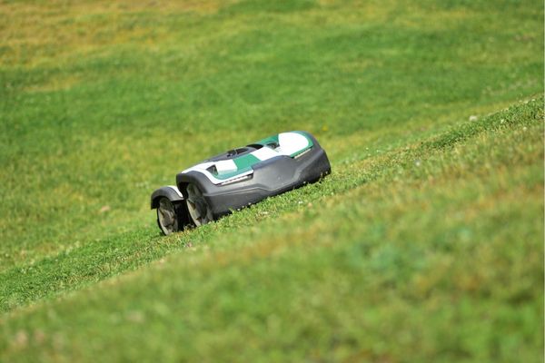 Robotic fairway mower cutting golf course grass.